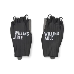 Black Willing Able Short Finger Aero Gloves offer comfort and breathability with a PU palm, silicone grippers, and gel pads