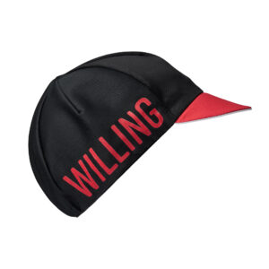 The Willing & Able Dark Pine Cap in black and red, features a classic design, short shade, and elastic fit, providing comfort and protection on rainy rides.