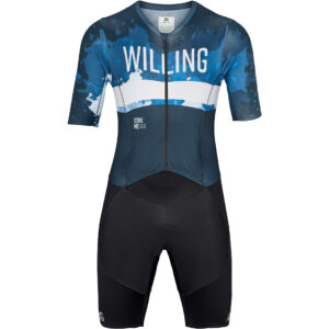 Willing and Able Denim Aerosuit or racesuit in black and blue.