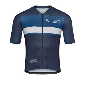 The Blueblood Jersey is a short-sleeved cycling jersey in navy colors.