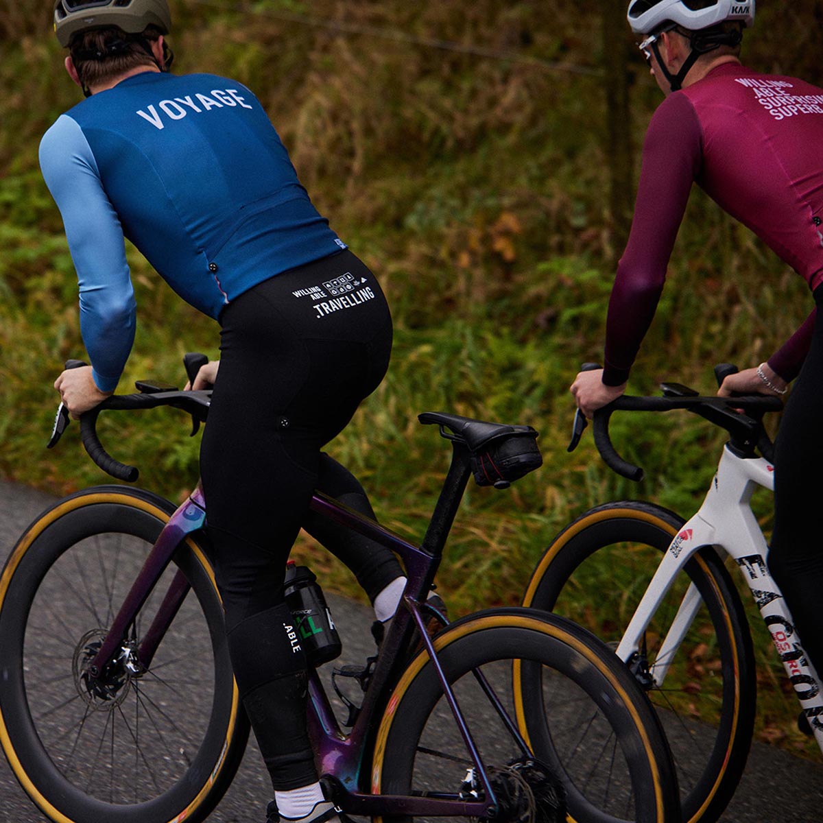 Cyclists wearing Willing Able Winter clothes.