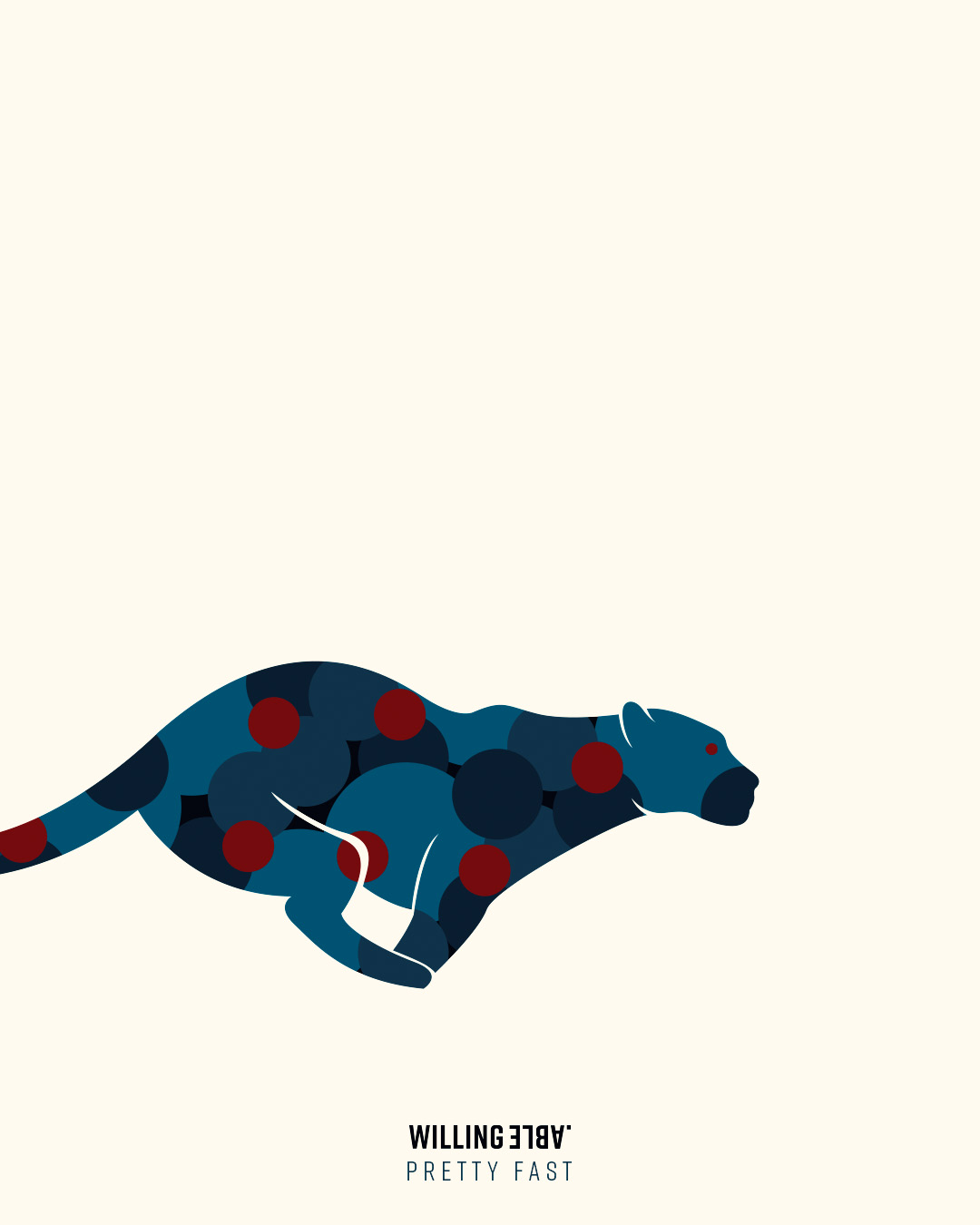 Artistic illustration of a leopard running. The words "Willing Able" and "Pretty Fast", is written on the bottom.