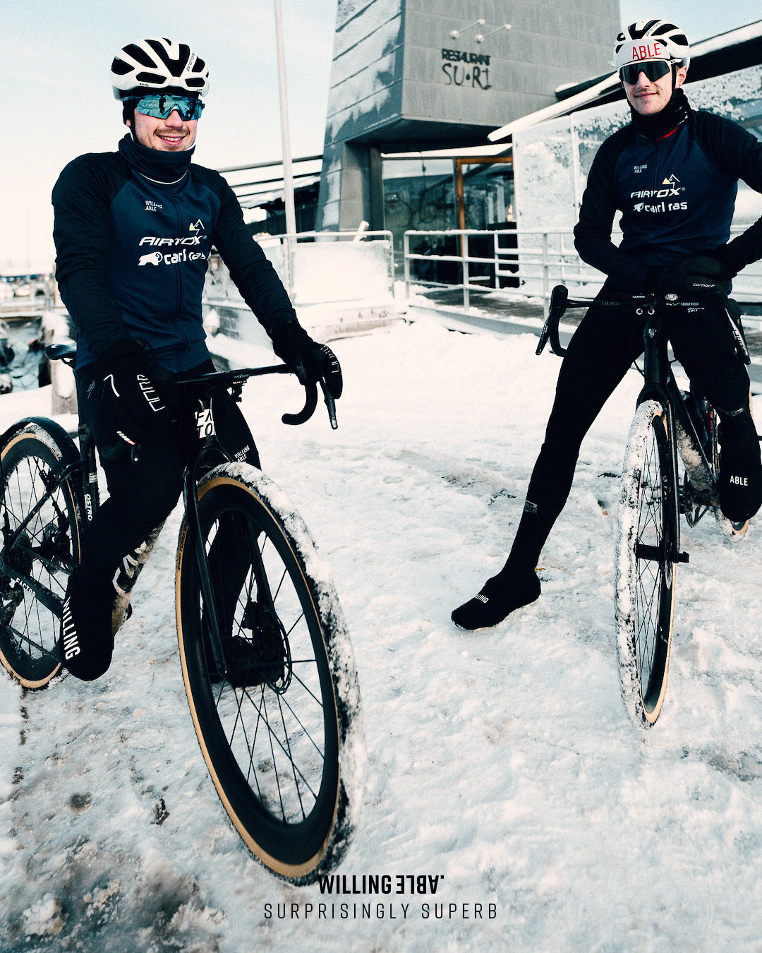 Team Airtox in a winter race wearing Willing Able apparel.