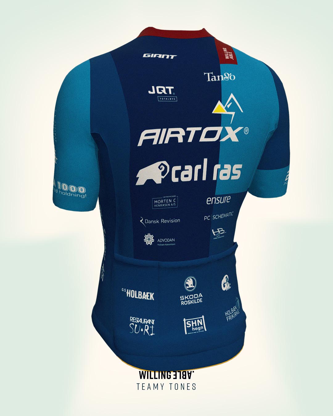 Product pigure of a cyclist shirt in blue from Willing Able. Airtox written on the shirt.