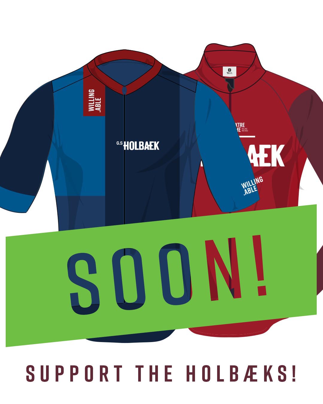 Photo of two shirts in blue and red, with Holbæk written on it. On the picture is a green sticker saying "soon", meaning the shirts are available soon.