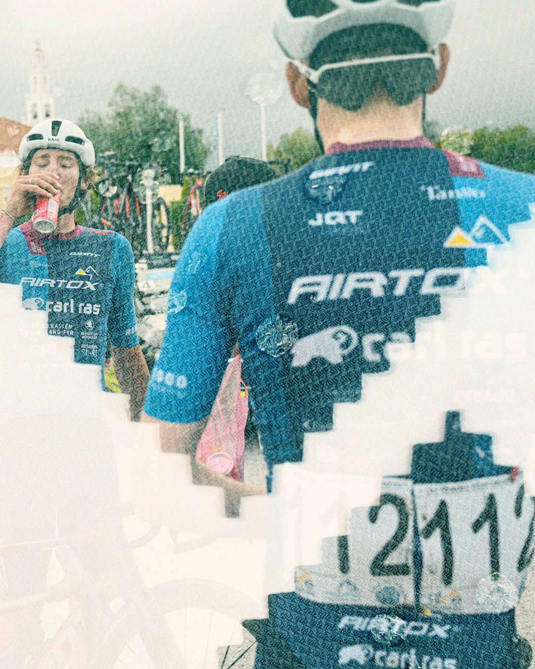 A photo of two cyclists wearing a high performance cycling shirt made by Willing Able. The picture is stylized to look like some kind of textile.