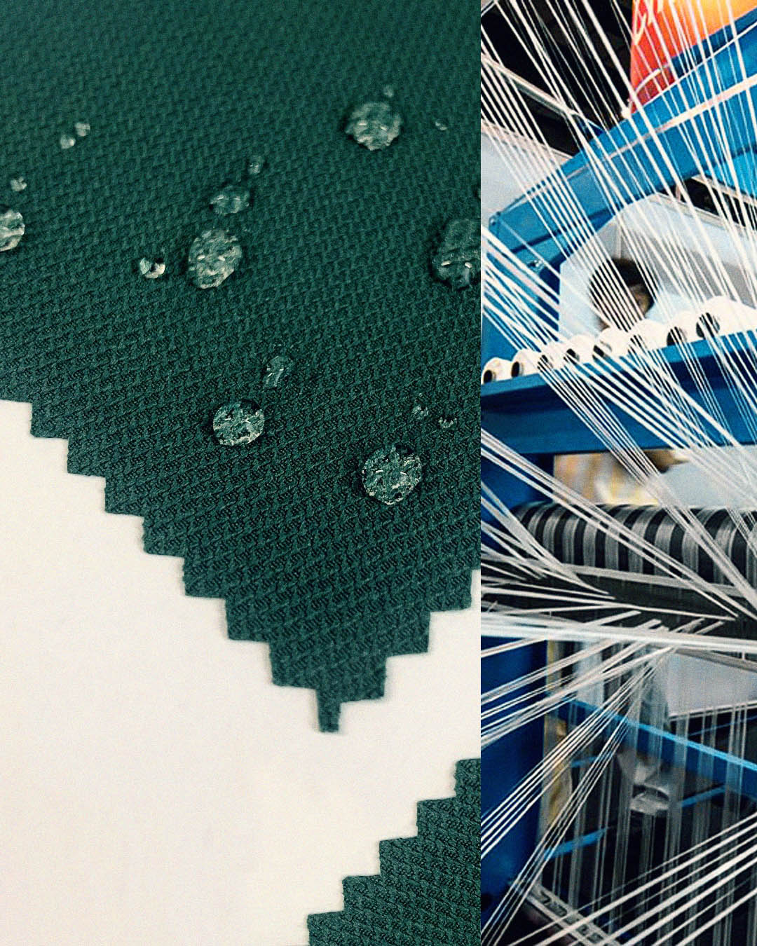 A split picture. To the left is some textiles samples, chosen for their high performance qualities. To the right is some kind of industrial yarn machine used to make textiles.