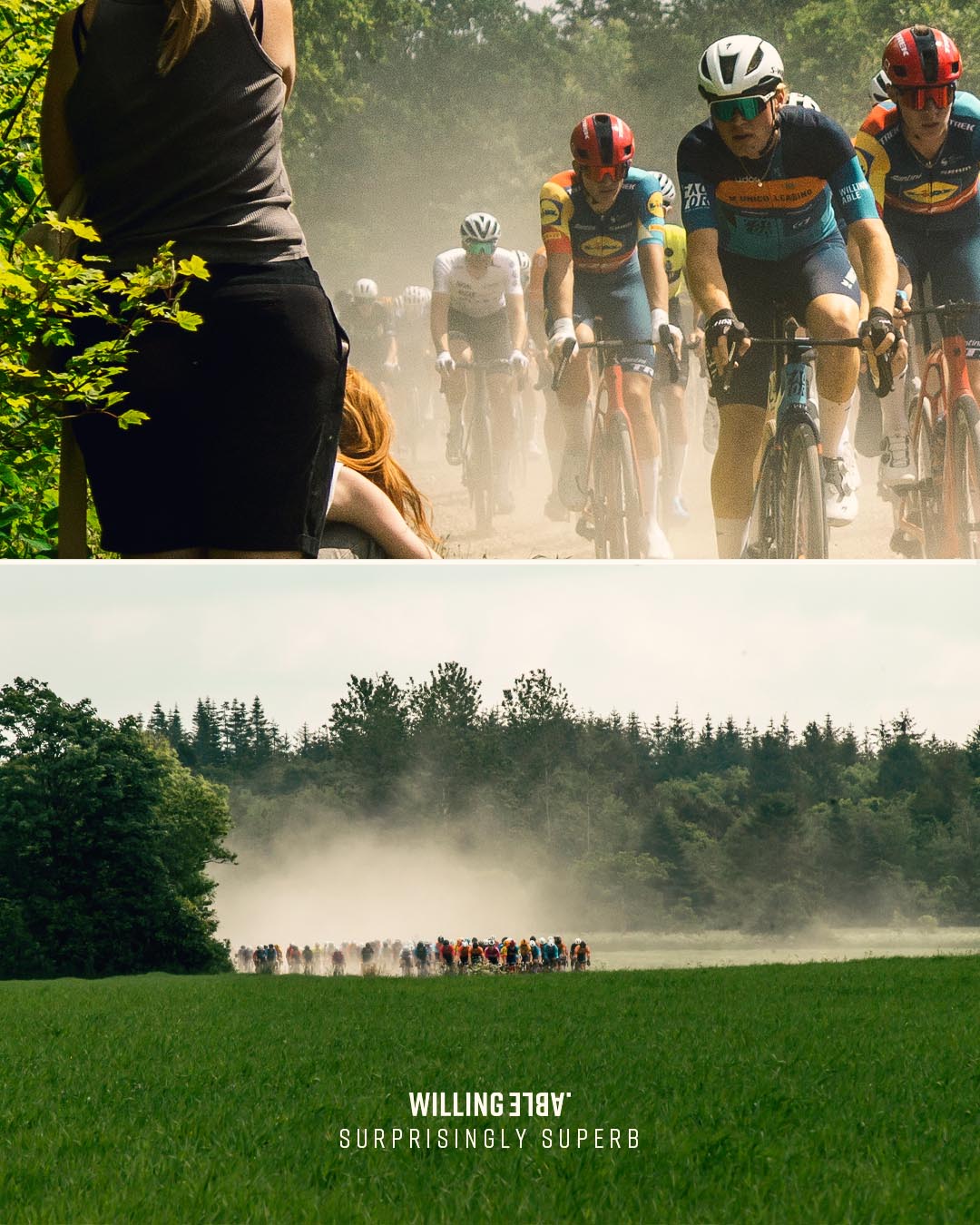 A split screen picture. On top is a picture of cyclistsi nlcuding Willing Able ridting a tour. On the bottom is the same, but the picture is taken far away.