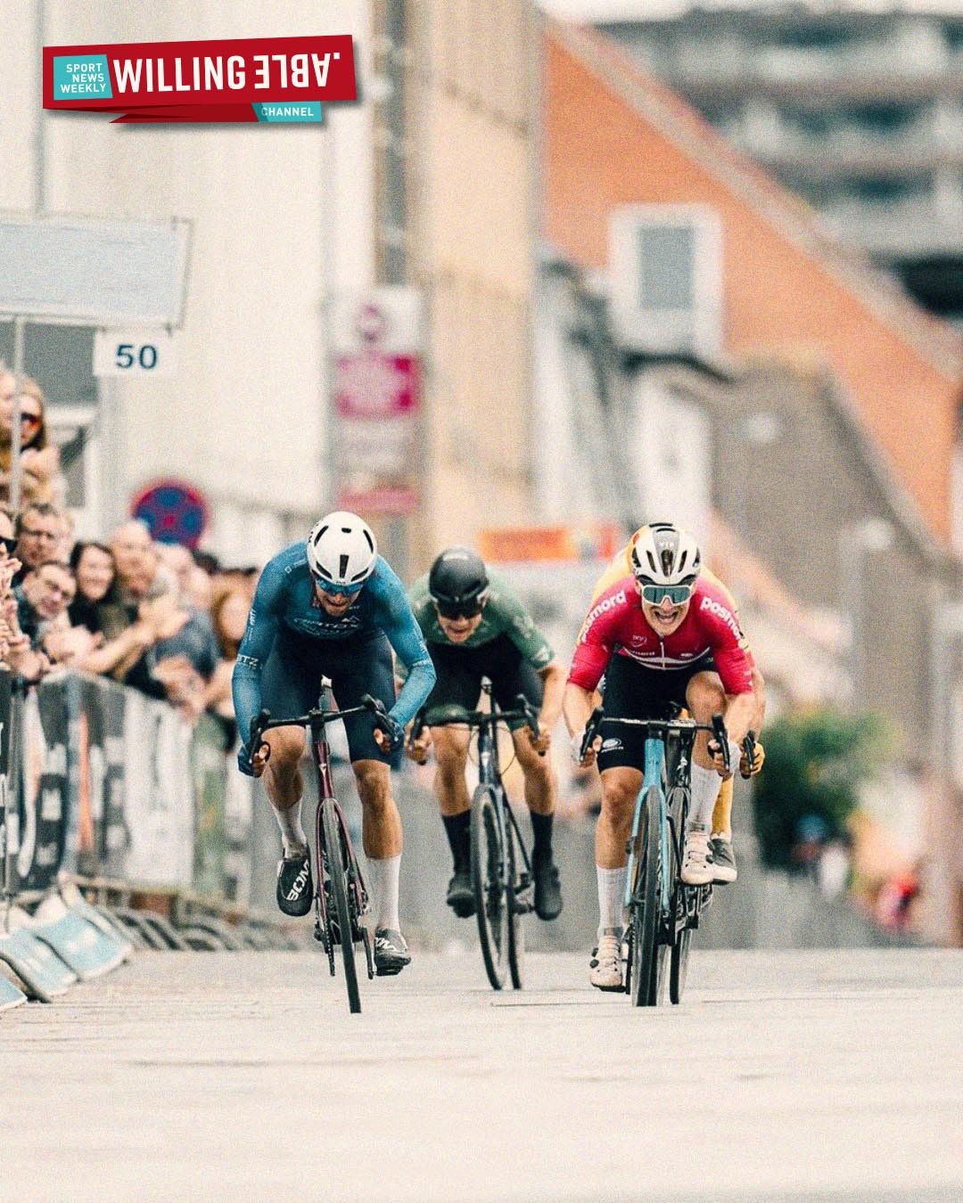 Cyclists close to the finish line racing eachother. On the top left is written Willing Able.