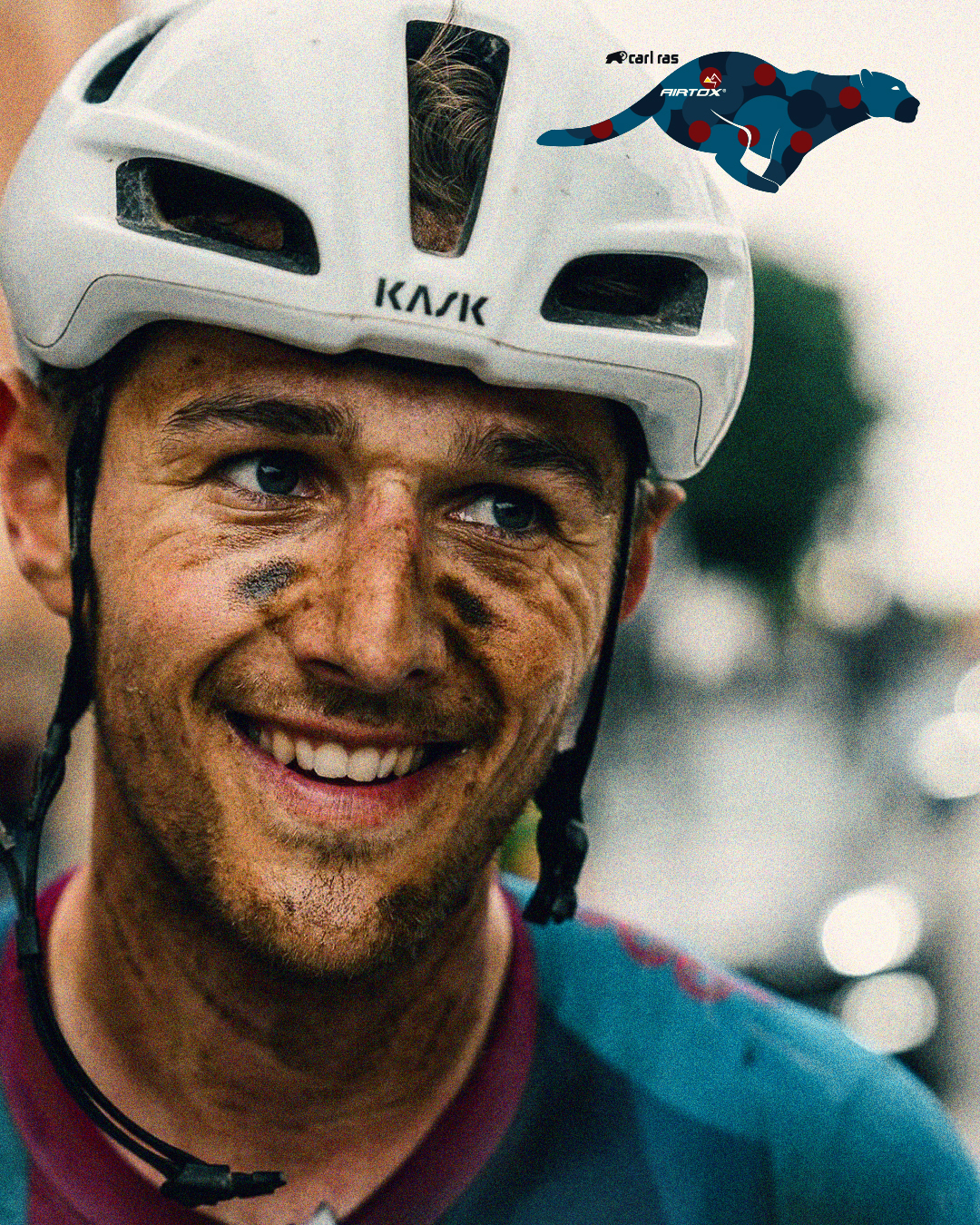 Close up photo of a cyclist with dirt on their face. On the top right is the Airtox logo.