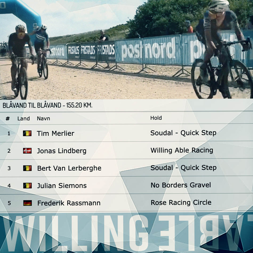 The scoreboard from Blaavand Gravel showing the Willing Able racer Jonas Lindberg in second place.