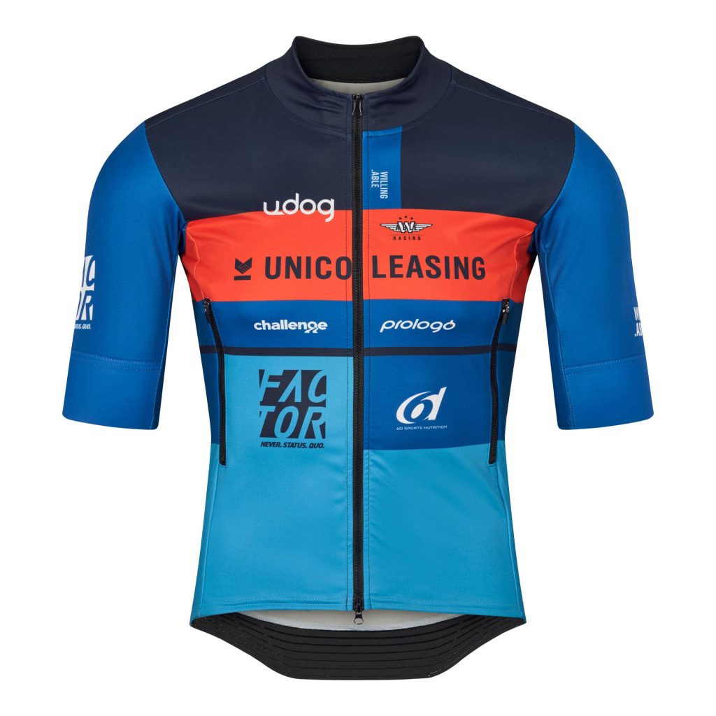 This Willing & Able Racing Cloudburst Jacket in blue and orange colors, is a lightweight, water- and windproof jacket with side zippers for ventilation, ideal for wet or windy rides.