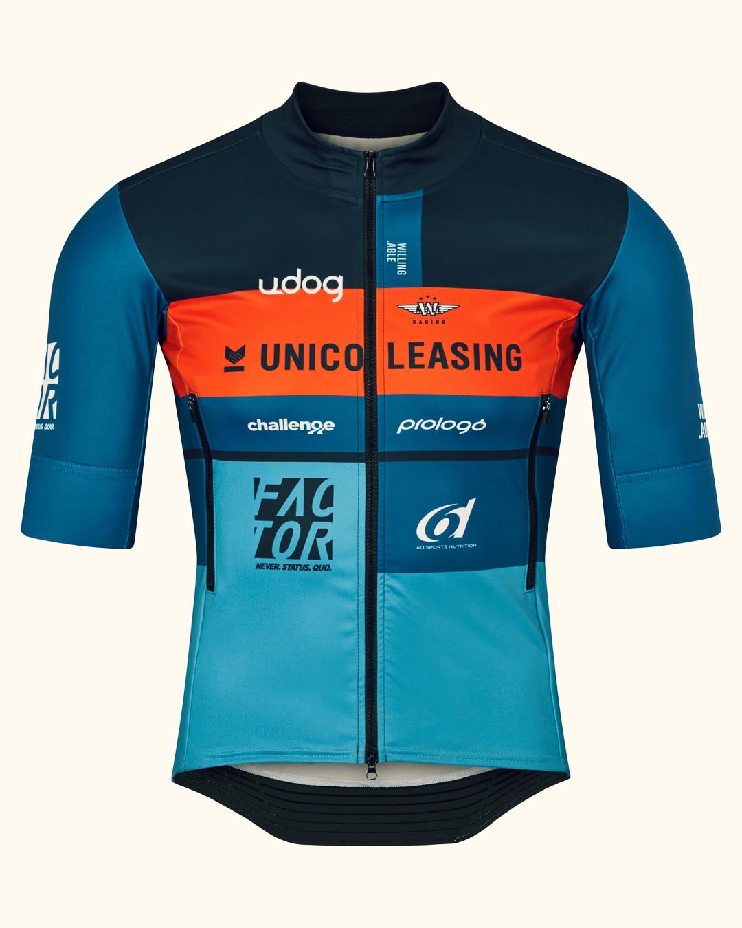 A product picture from Willing Able, showing a shirt in blue and red colors with sponsor names on it.